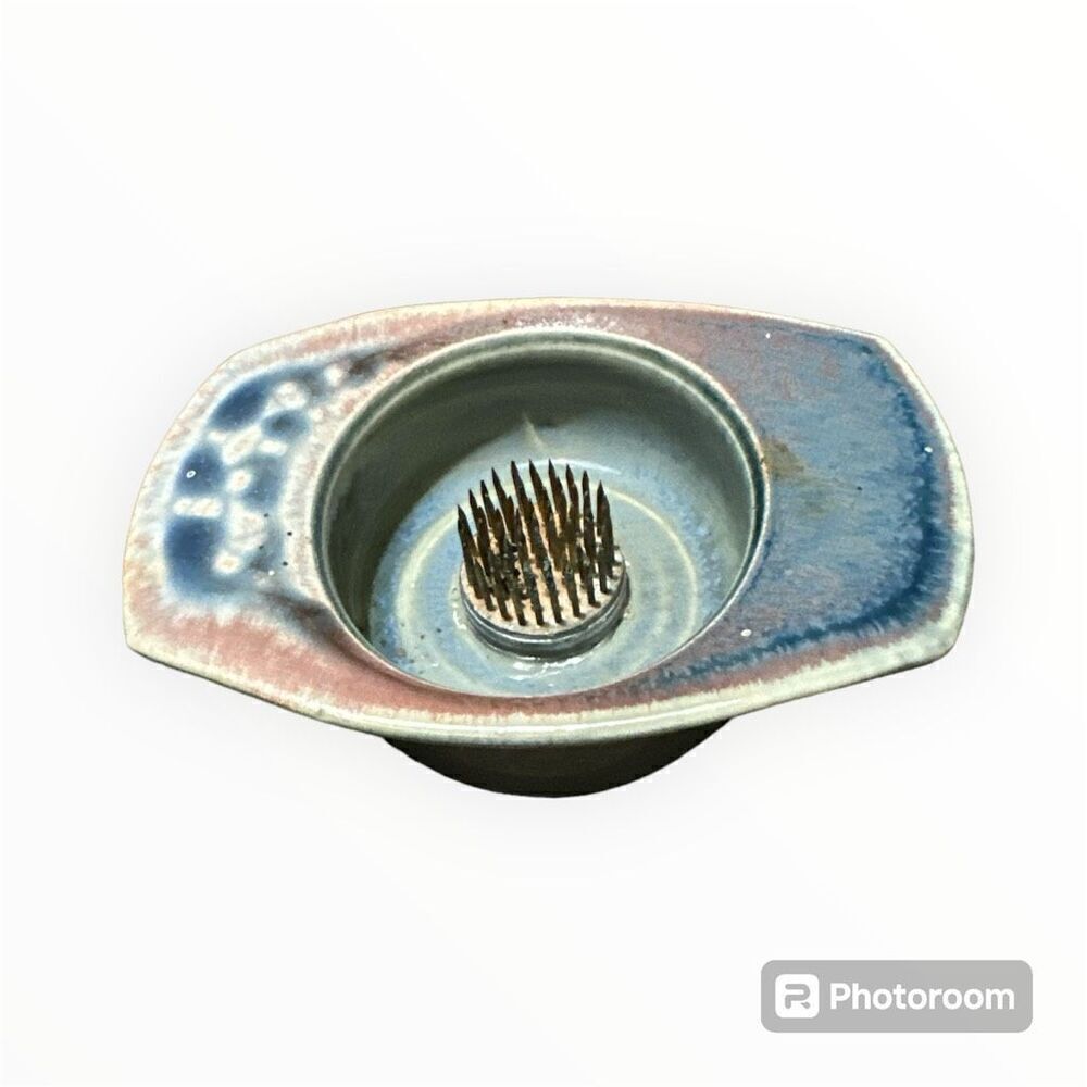 Studio Art Pottery Teal Blue Ceramic Flower Frog  Vase Signed 5” 1/4